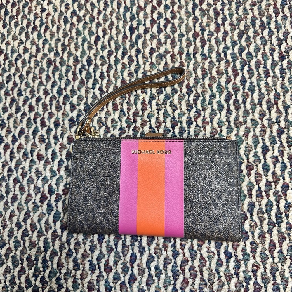 Michael‎ Kors Jet Set Travel Double Zip Wristlet Wallet Brown Pink Orange Stripe